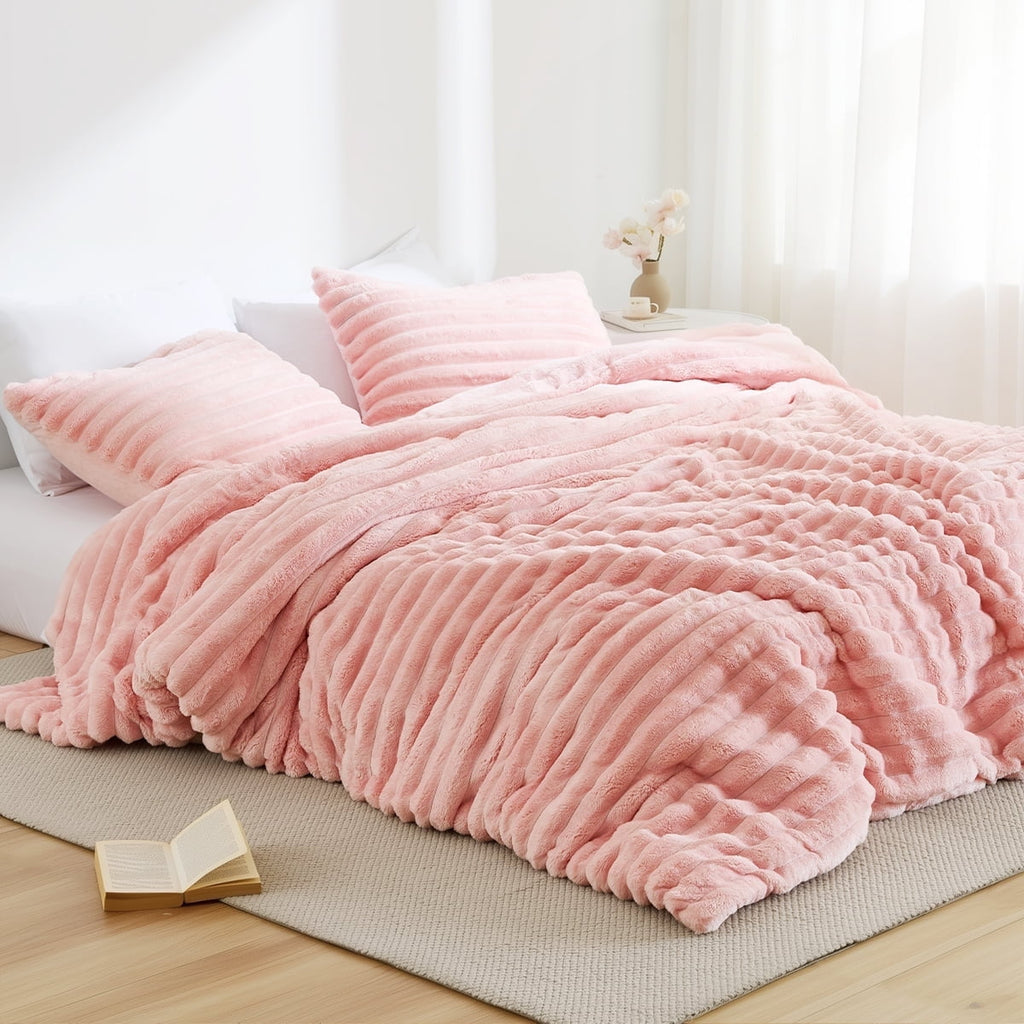 Hypoallergenic Cloud Full/Queen Size Comforter Set, Fluffy Ribbed Plush Comforter Set, 3-Piece Bedding Set, Pink - Cloud-Like Soft Lightweight Bed Comforter - Default Title