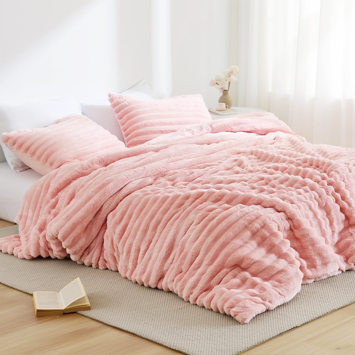 Hypoallergenic Cloud Full/Queen Size Comforter Set, Fluffy Ribbed Plush Comforter Set, 3-Piece Bedding Set, Pink - Cloud-Like Soft Lightweight Bed Comforter - Default Title