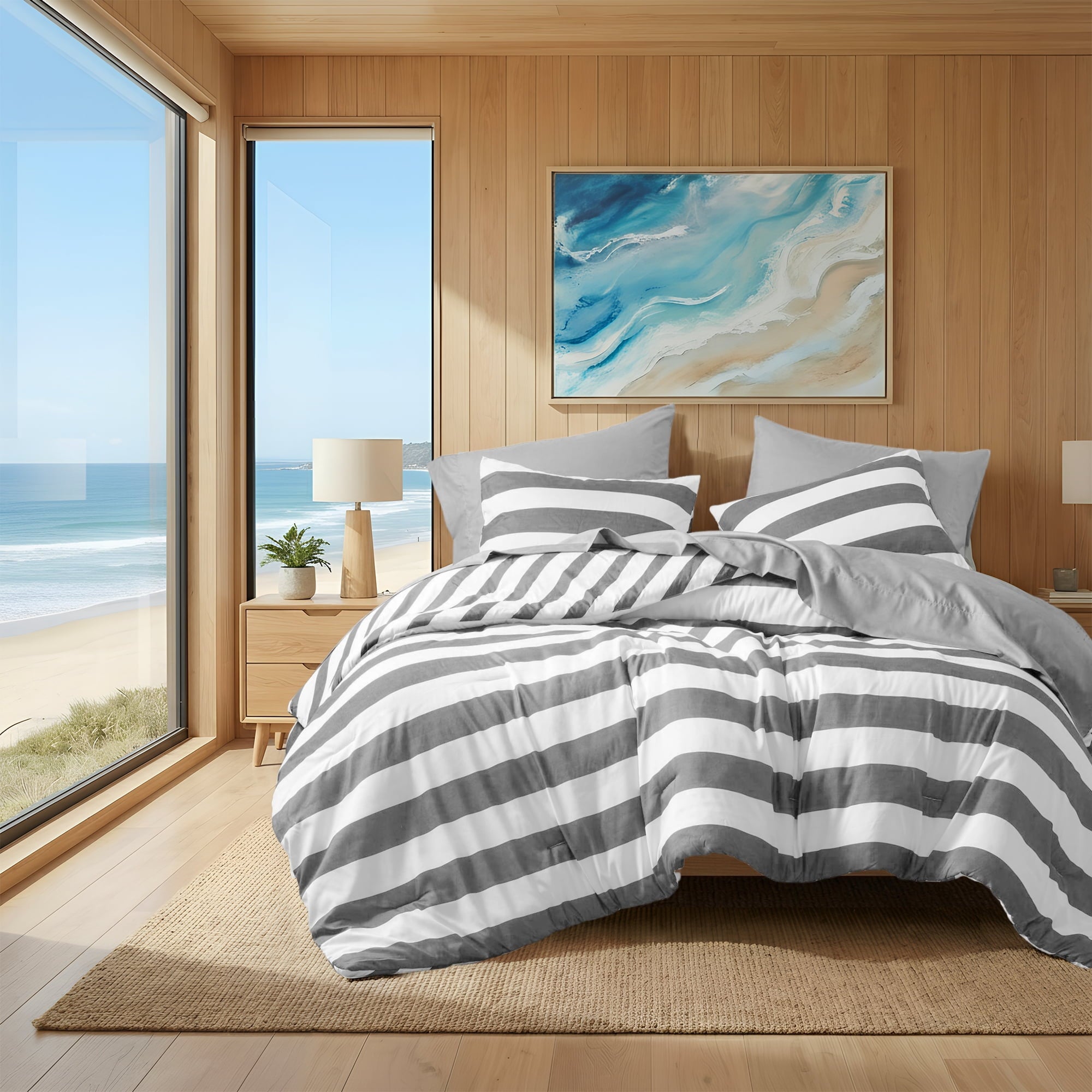 Heavyweight Warmth Full/Queen Size Comforter Sets, 3-Piece Bedding Set Full/Queen, Reversible Striped Comforter Bed Set, Charcoal - All-Season Down Alternative Comforter Insert - Default Title