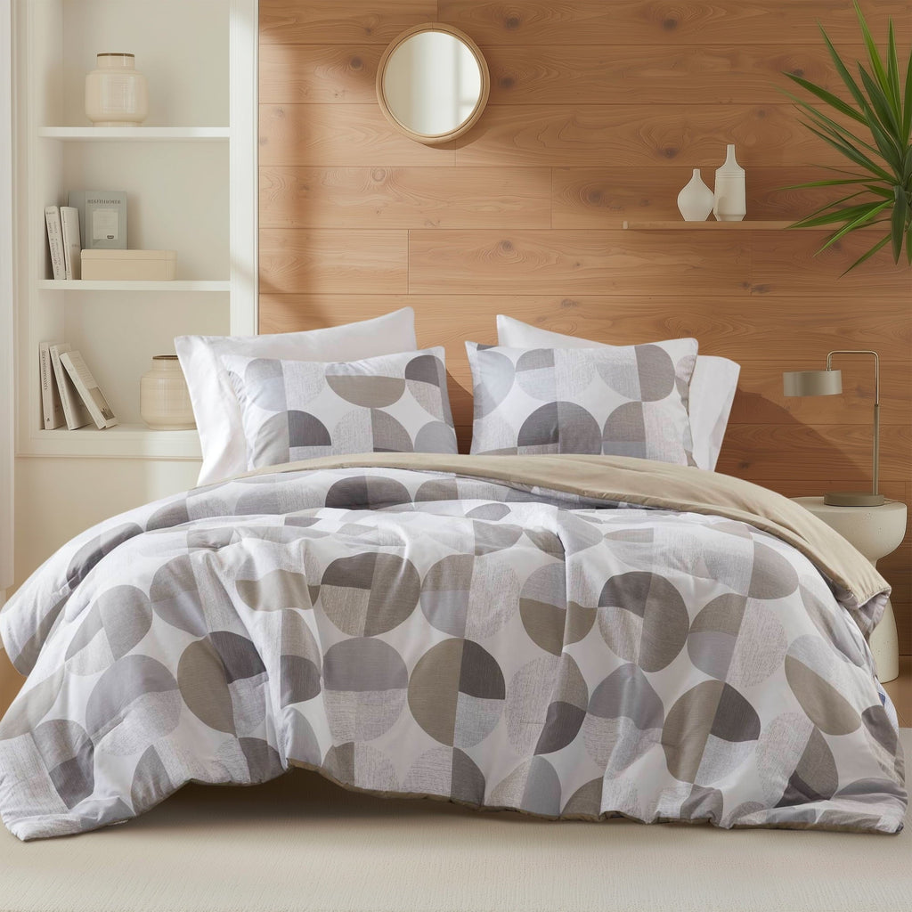 Luxurious Quilted Full/Queen Size Comforter Set, Tan/Gray Bedding Set for All Seasons, 3-Piece Round Geometric Print Bedding Comforter Set - All-Season Down Alternative Comforter Insert - Default Title