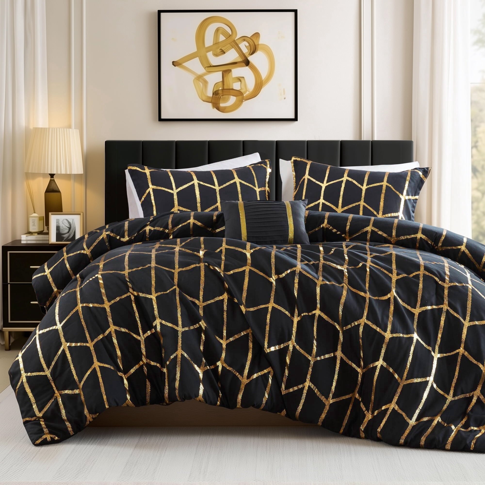 Luxurious Quilted Full/Queen Size Comforter Set, 4-Piece Bedding Set for All Seasons, Geometric Metallic Comforter Bed Set with Decor P... - Luxurious Quilted Duvet Cover Set - Default Title