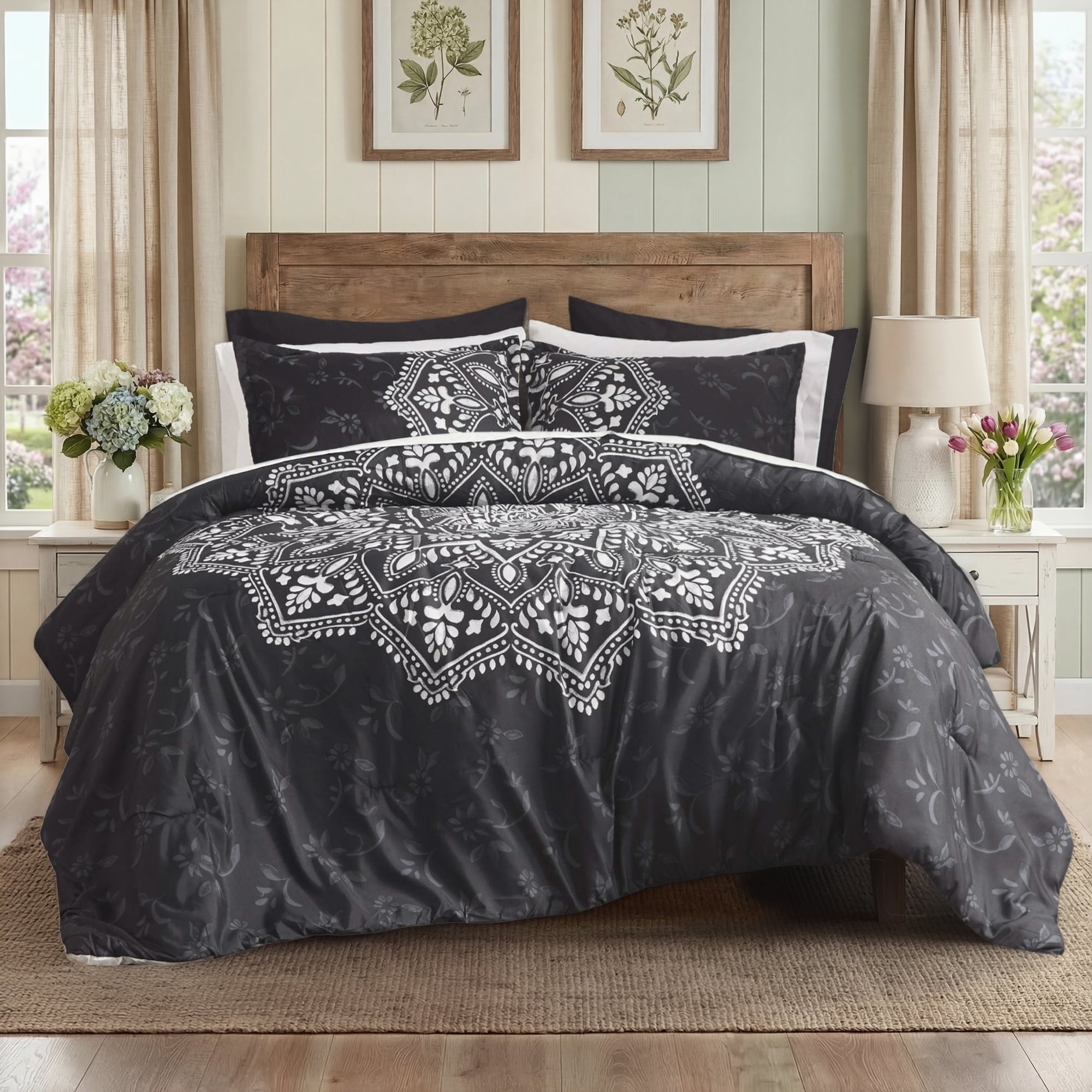 Fluffy Down Alternative Queen Comforter Set, Bedding Comforter Set Queen Size W/ Side Pockets, Black, 9 Pieces - Hypoallergenic Ultra-Fluffy Quilt for Winter - Default Title