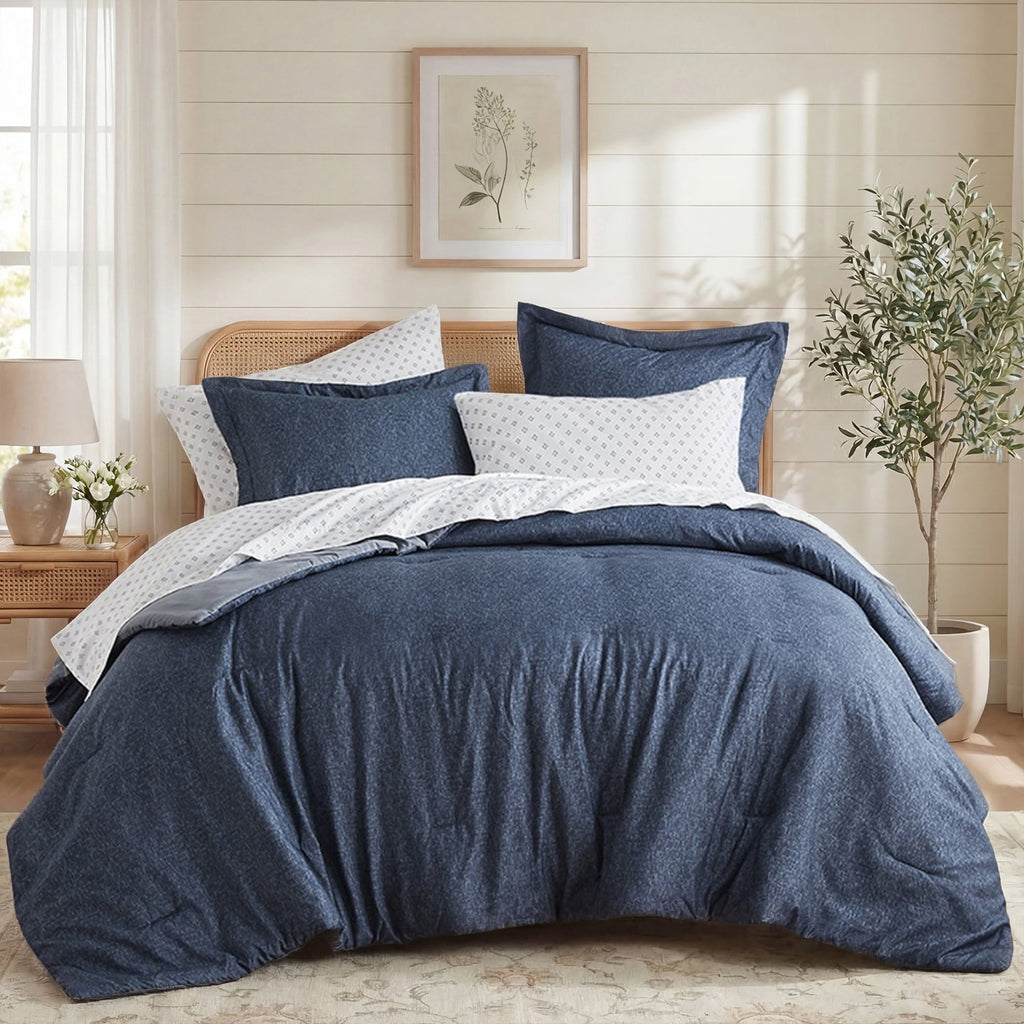 Heavyweight Warmth Queen Size Comforter Set, 7-Piece Reversible Bed in a Bag with Sheets, Navy - Hypoallergenic Ultra-Fluffy Quilt for Winter - Default Title