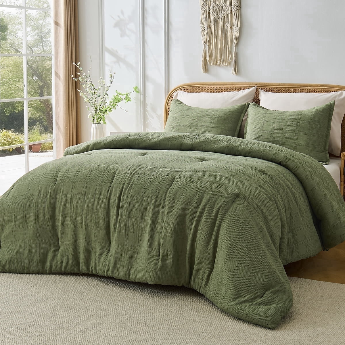 Hypoallergenic Cloud Waffle Weave Comforter Set Full/Queen Size, Lightweight & Breathable Comforter Bet Set for All Season, 3-Piece Textur... - All-Season Down Alternative Comforter Insert - Default Title