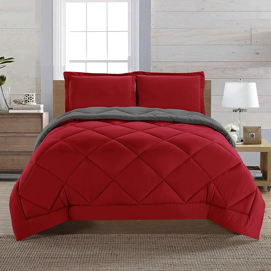 Luxurious Quilted Reversible 3pc Comforter Set- Available In A Few Sizes And Colors , Full/Queen, Red/Gray - Hypoallergenic Ultra-Fluffy Quilt for Winter - Default Title