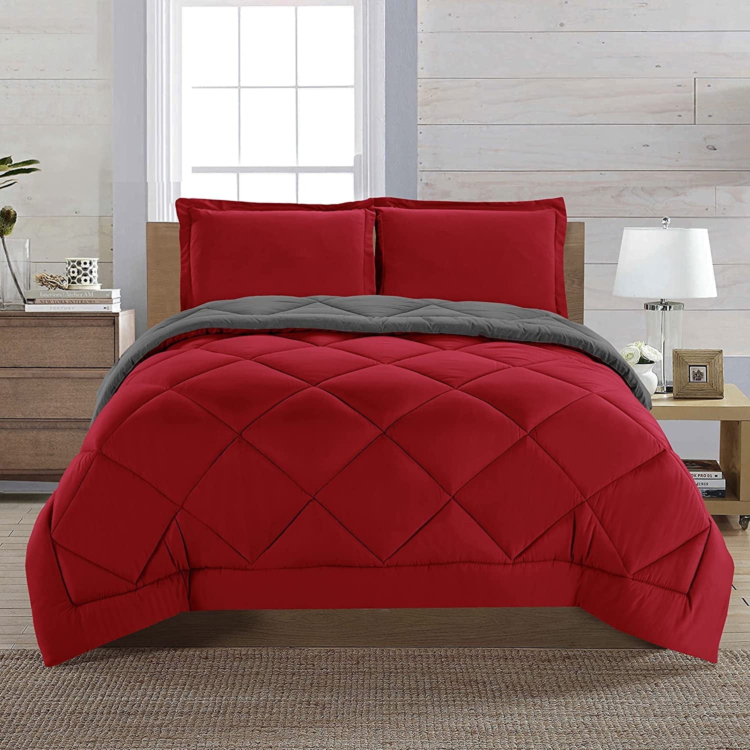 Luxurious Quilted Reversible 3pc Comforter Set- Available In A Few Sizes And Colors , Full/Queen, Red/Gray - Hypoallergenic Ultra-Fluffy Quilt for Winter - Default Title