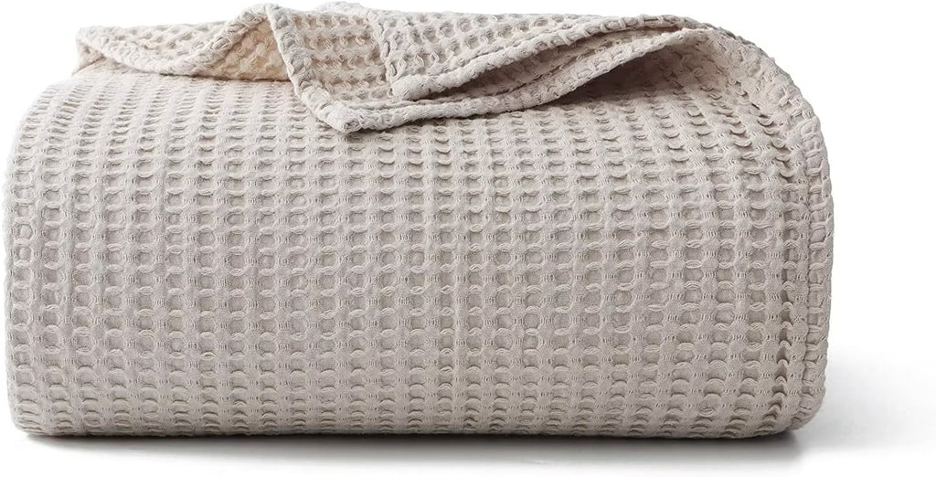 Lightweight Warm 100% Cotton Waffle Bed Blanket King Size, Throw Blanket for Couch All Seasons (Beige, 104x90) - Super Soft Reversible Sherpa Flannel Blanket - Default Title