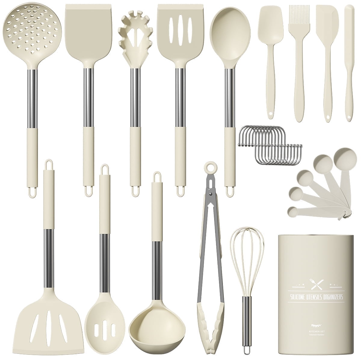 Heat-Resistant Silicone Cooking Utensil Set, 30 Pcs Kitchen Utensils Set with Stainless Steel Handle, Food Grade Silicone Spatula Se... - Ergonomic Kitchen Tongs and Cooking Spoon Utensil - Default Title