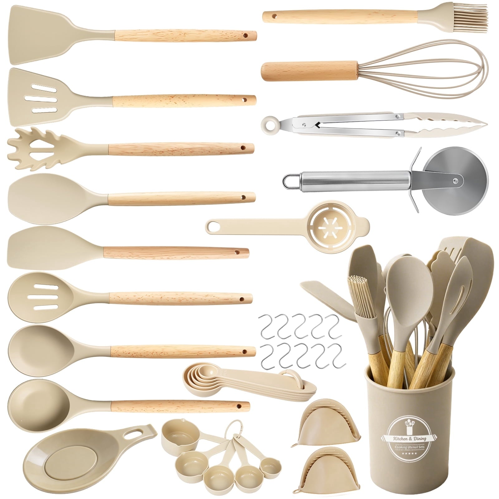 Heavy Duty Silicone Cooking Utensils Set, Heat Resistant Kitchen Tools, 36 PCS Non-Stick Silicone Cooking Kitchen Utensils, Khaki - Multi-Purpose Hand Tool for Daily Meal Prep - Default Title