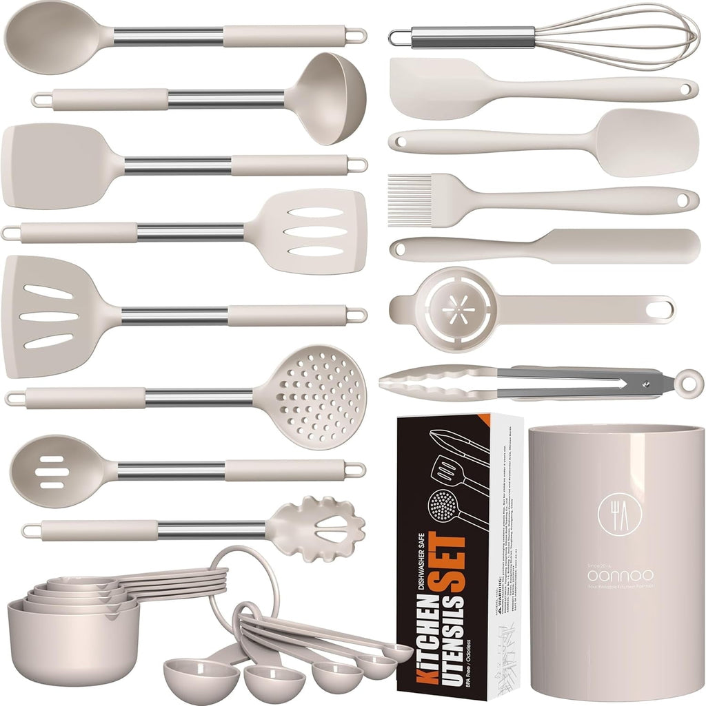 Professional Grade Large Silicone Cooking Utensils Set - Heat Resistant Kitchen Utensils,Turner Tongs,Spatula,Spoon,Brush,Whisk,Stainles... - High-Precision Culinary Tool for Baking & Cooking - Default Title