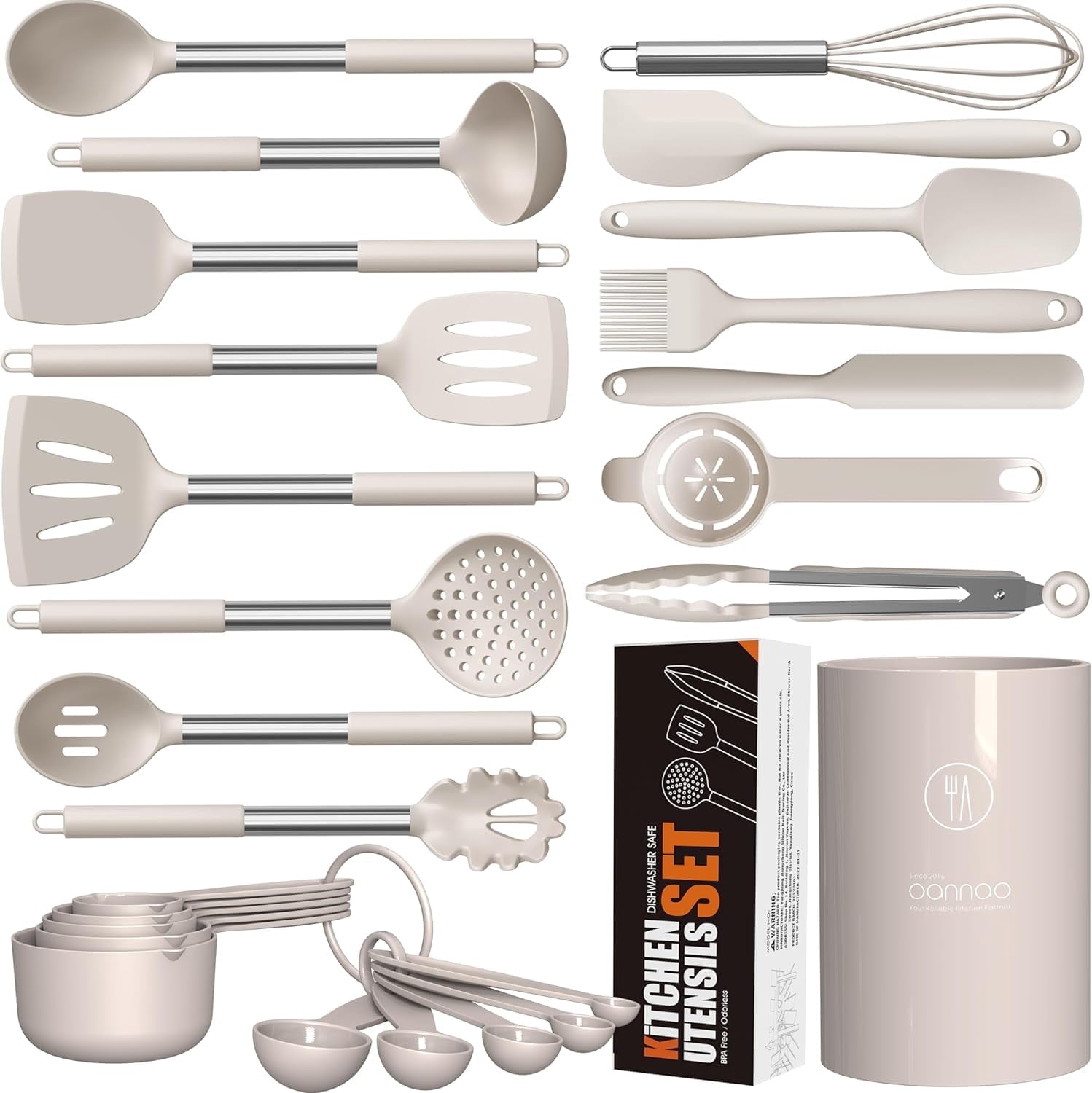 Professional Grade Large Silicone Cooking Utensils Set - Heat Resistant Kitchen Utensils,Turner Tongs,Spatula,Spoon,Brush,Whisk,Stainles... - High-Precision Culinary Tool for Baking & Cooking - Default Title