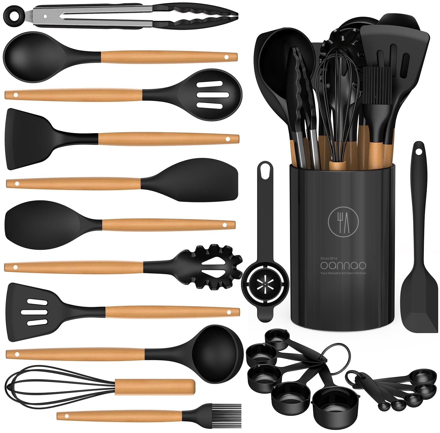 Ergonomic Manual Silicone Cooking Utensils Set - Silicone Kitchen Utensils for Cooking Wooden Handles, 446°F Heat Resistant Kitchen Ut... - Multi-Functional Manual Food Chopper & Slicer - Default Title