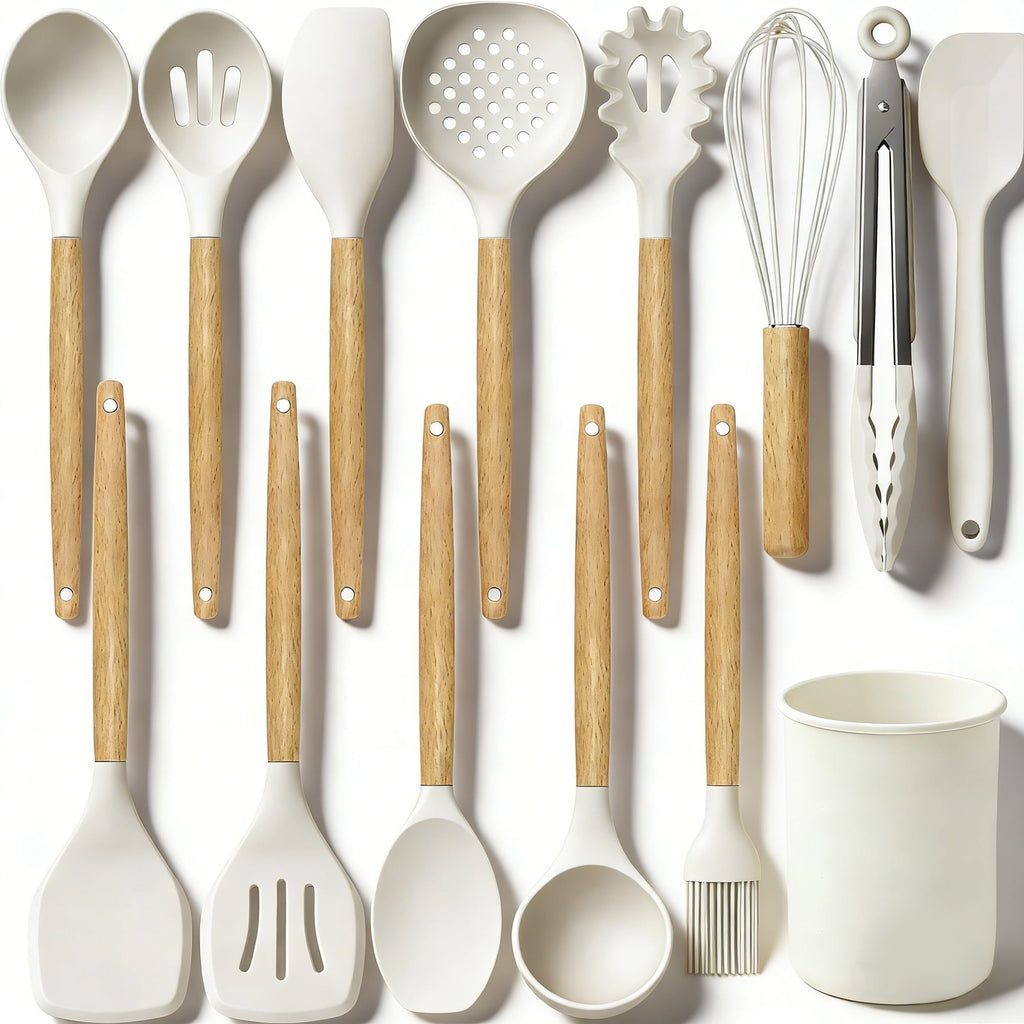 Heat-Resistant 14-Piece Silicone Cooking Utensils Set, Non-Stick Kitchen Utensil Set for Baking, Flipping, Mixing, White - Heat-Resistant Silicone Cooking Spatula Turner - Default Title