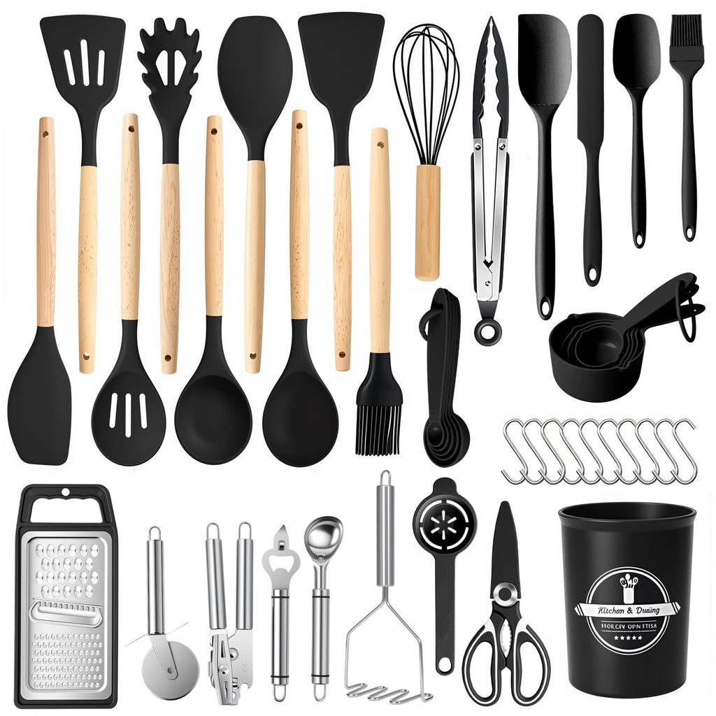 Durable Steel Silicone Cooking Utensils Set with Holder, 44 PCS Kitchen Utensils Set, Silicone Kitchen Gadgets Spatulas Set for Non... - High-Precision Culinary Tool for Baking & Cooking - Default Title