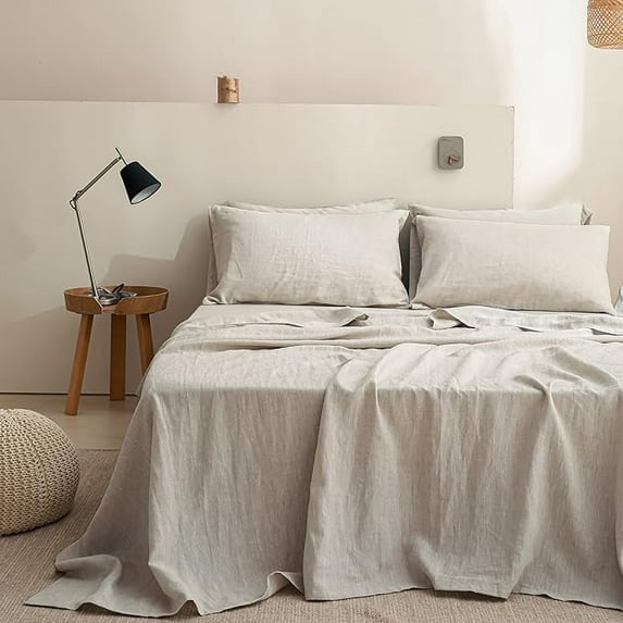 Cooling Sateen 100% Linen Sheet Set Solid Color-4 Pcs Washed French Linen Bed Sheets(1 Flat Sheet,1 Fitted Sheet,2 Pillowcases)-Brea... - Luxury Bed Sheet Set with Deep Pockets - Default Title