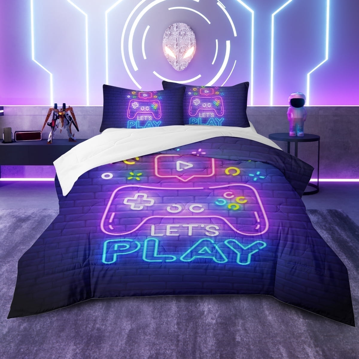 All-Season Gaming Comforter Set for Boys, 3-Piece Abstract Neon Kids Bedding Sets Twin Size - All-Season Down Alternative Comforter Insert - Default Title