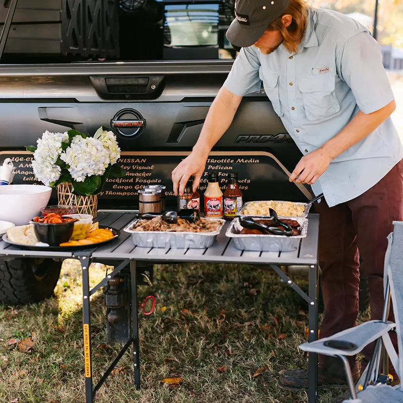 Heat-Resistant Slim-Fold Table - Choice 196 - Slim-Fold Outdoor Cook Station with Storage Shelves Detail