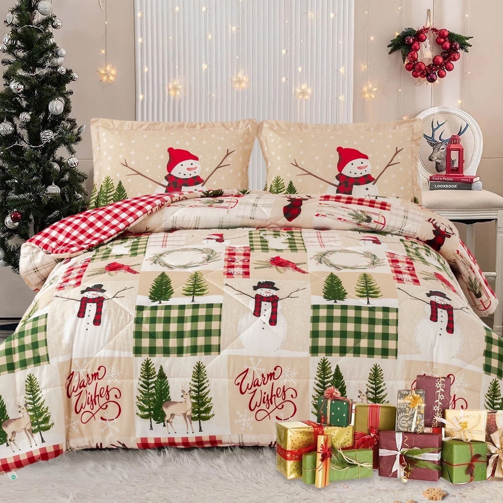 Fluffy Down Alternative 3 Pcs Christmas Comforter Set, Bed in a Bag Wreath Snowman Queen/Full Size Xmas Bedding Set Fitted Pillowcases for Adult - Cloud-Like Soft Lightweight Bed Comforter - Default Title
