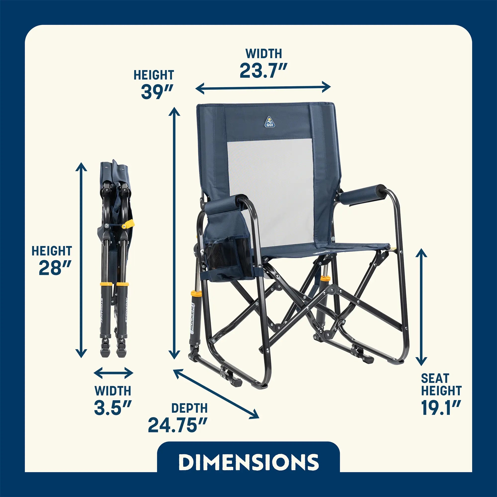 Premium All-Weather Stowaway Rocker with Storage Pouch - Choice 573 - Heavy-Duty Kickback Rocker with Beverage Holder Detail