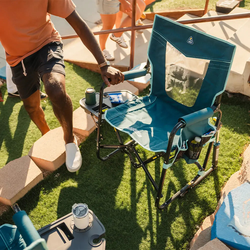 Luxury Camp Stowaway Rocker with Side Table - Choice 253 - Heavy-Duty Kickback Rocker with Beverage Holder Detail