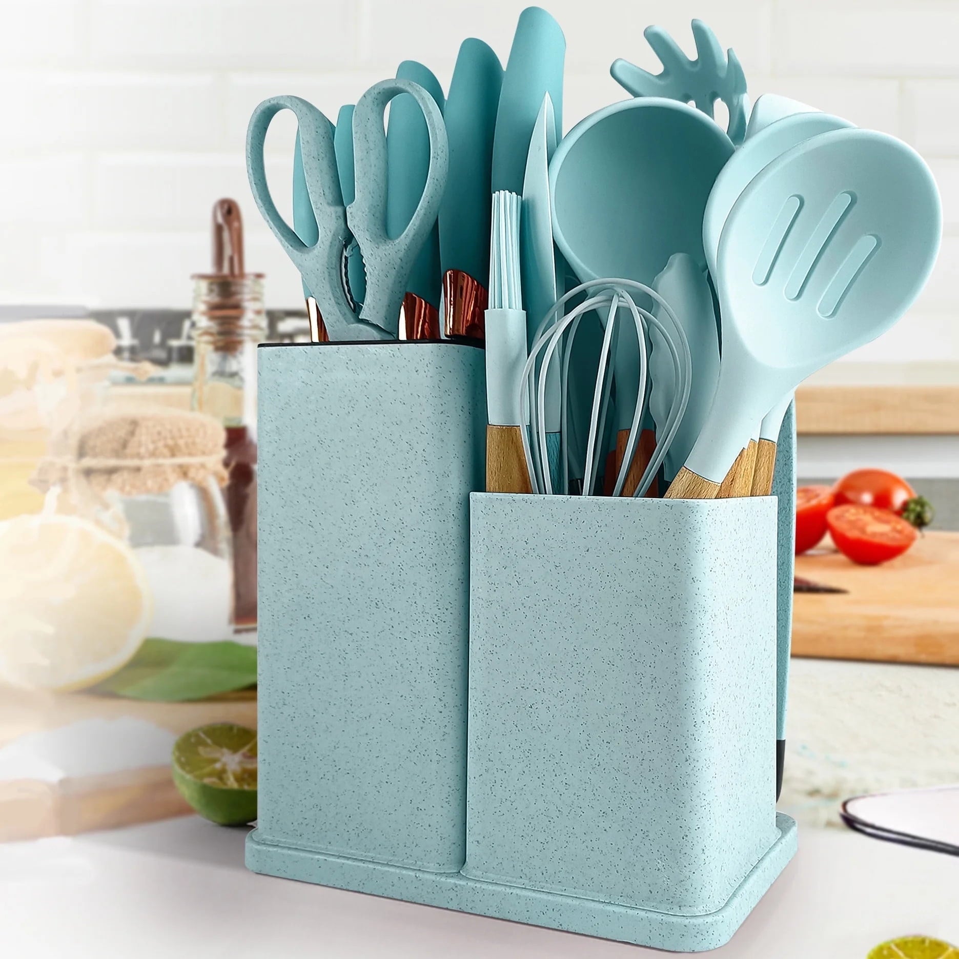 High-Precision Silicone Kitchen Cooking Utensils Set, 19 Pieces Utensil with Holder, Heat Resistant, Green - Multi-Purpose Hand Tool for Daily Meal Prep - Default Title
