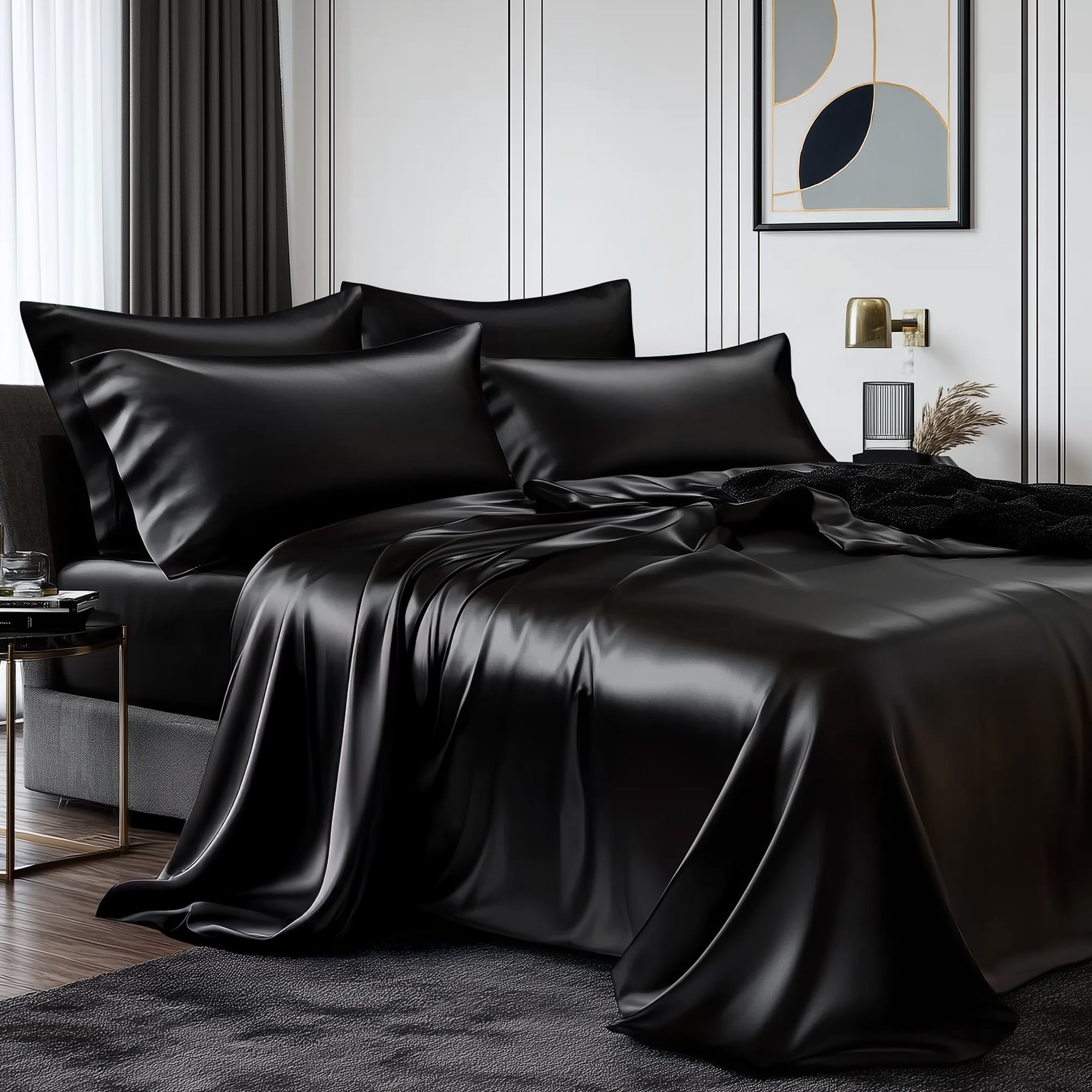 Breathable Luxury Queen Silk Black Bed Sheet Set,4 Pieces 1800 Microfiber 2 Pillowcase 20"x30" - Premium Ultra-Soft Pillowcase Pair for Sleeping - Default Title