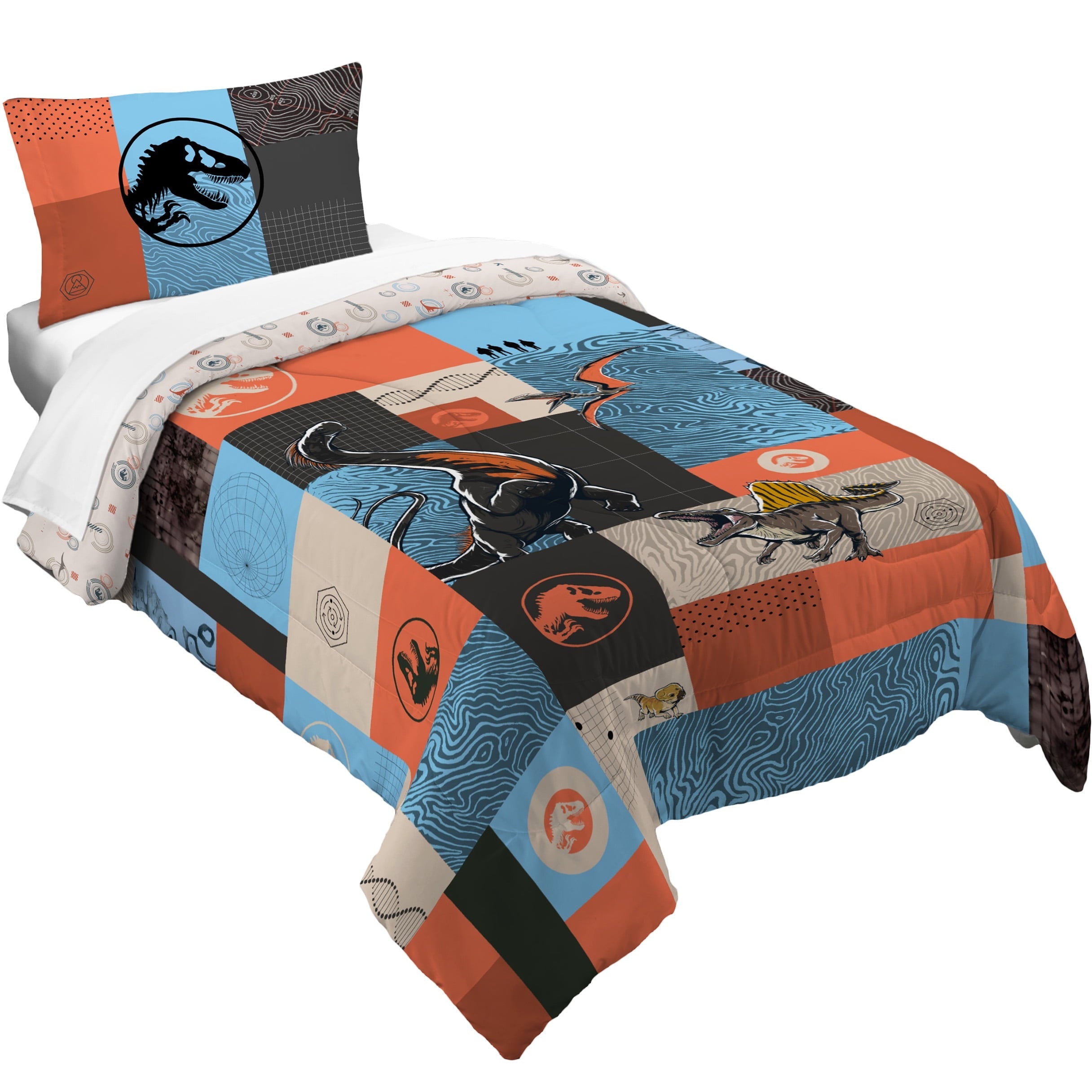 Luxurious Quilted Kids 2 Piece Blue Orange Reversible Dinosaur Comforter and Pillowcase set, Twin/full - Hypoallergenic Ultra-Fluffy Quilt for Winter - Default Title