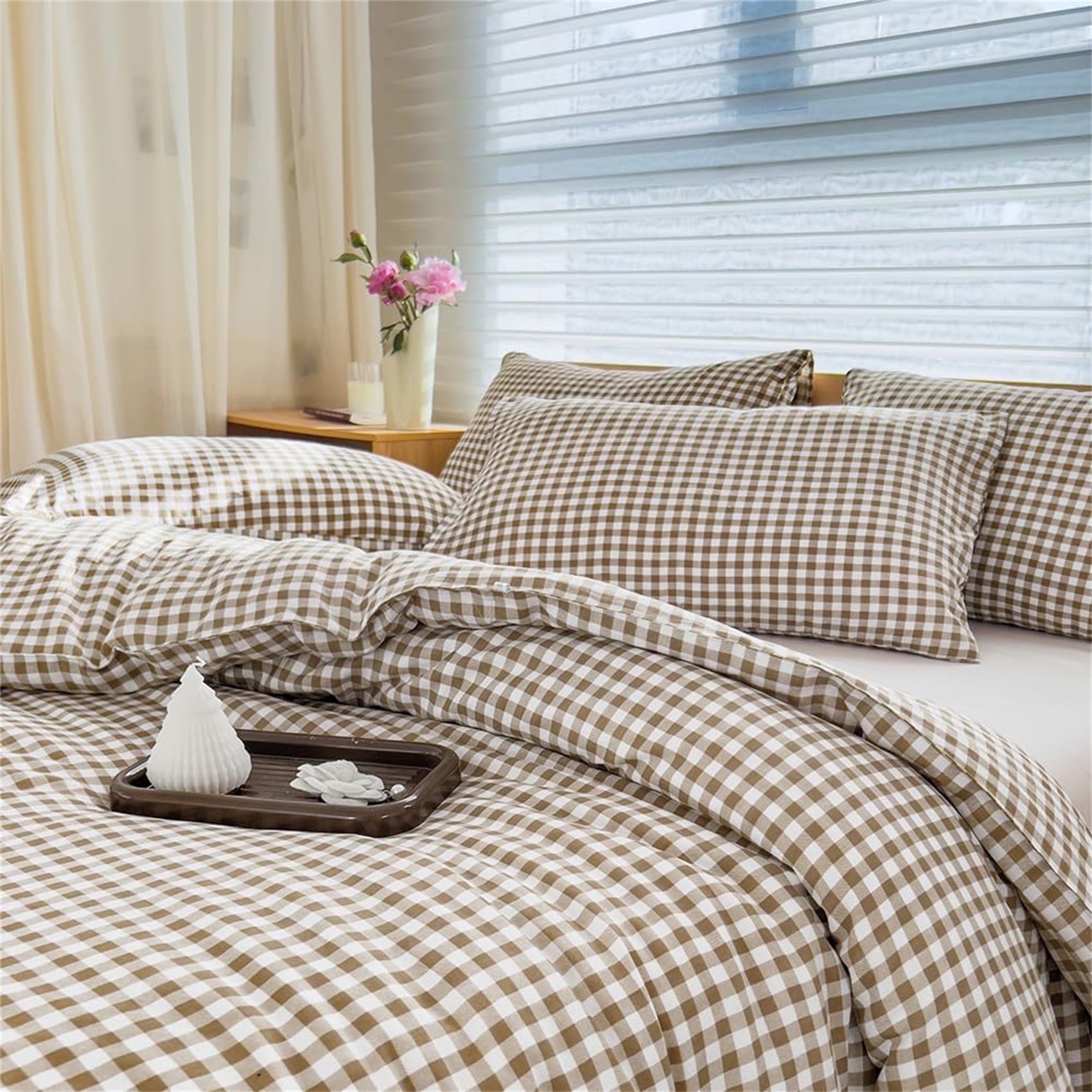 Hypoallergenic Cloud Tan Gingham Queen Comforter Set, Taupe Plaid Bedding Set, Checked Bed Comforter 3 Pieces(Tan Gingham, Queen) - All-Season Down Alternative Comforter Insert - Default Title