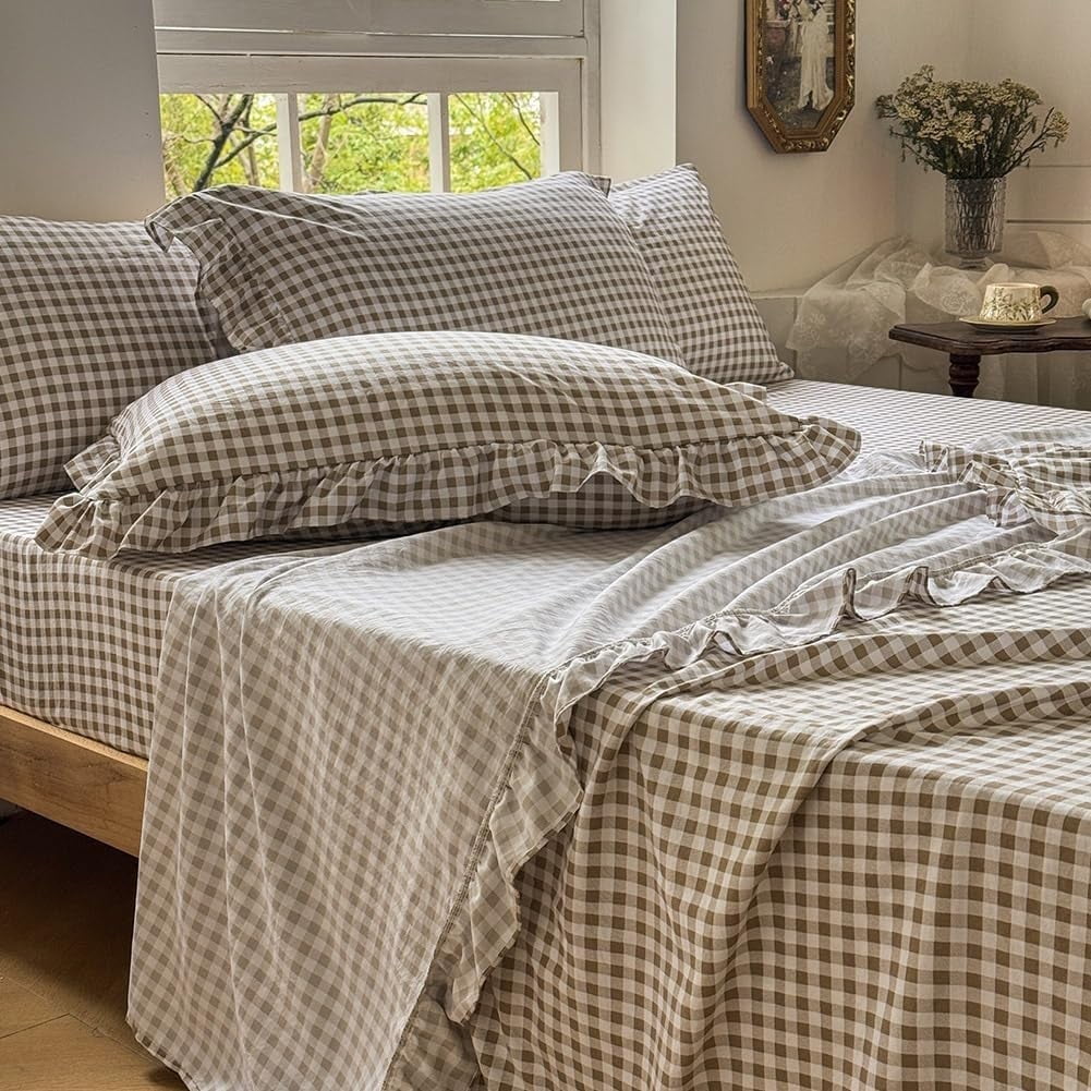 Cooling Sateen Tan Gingham Ruffle Queen Sheet Set, Taupe Soft Pre-Washed Microfiber Plaid Ruffled Queen Bed Sheets, 4-Pieces Farmhou... - Luxury Bed Sheet Set with Deep Pockets - Default Title