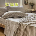 Cooling Sateen Tan Gingham Ruffle Queen Sheet Set, Taupe Soft Pre-Washed Microfiber Plaid Ruffled Queen Bed Sheets, 4-Pieces Farmhou... - Luxury Bed Sheet Set with Deep Pockets - Default Title