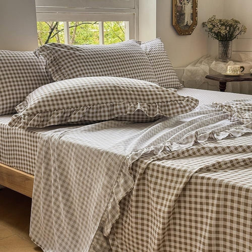 Cooling Sateen Tan Gingham Ruffle Queen Sheet Set, Taupe Soft Pre-Washed Microfiber Plaid Ruffled Queen Bed Sheets, 4-Pieces Farmhou... - Luxury Bed Sheet Set with Deep Pockets - Default Title