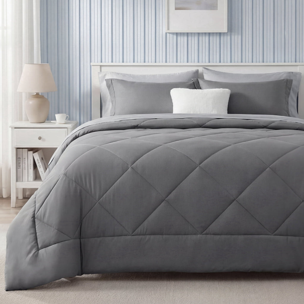 All-Season Queen Reversible Comforter Set - 7 Pieces Grey Bedding, Bed in a Bag with Alternative Comforter, Sheets, Pillowcases ... - Luxurious Quilted Duvet Cover Set - Default Title