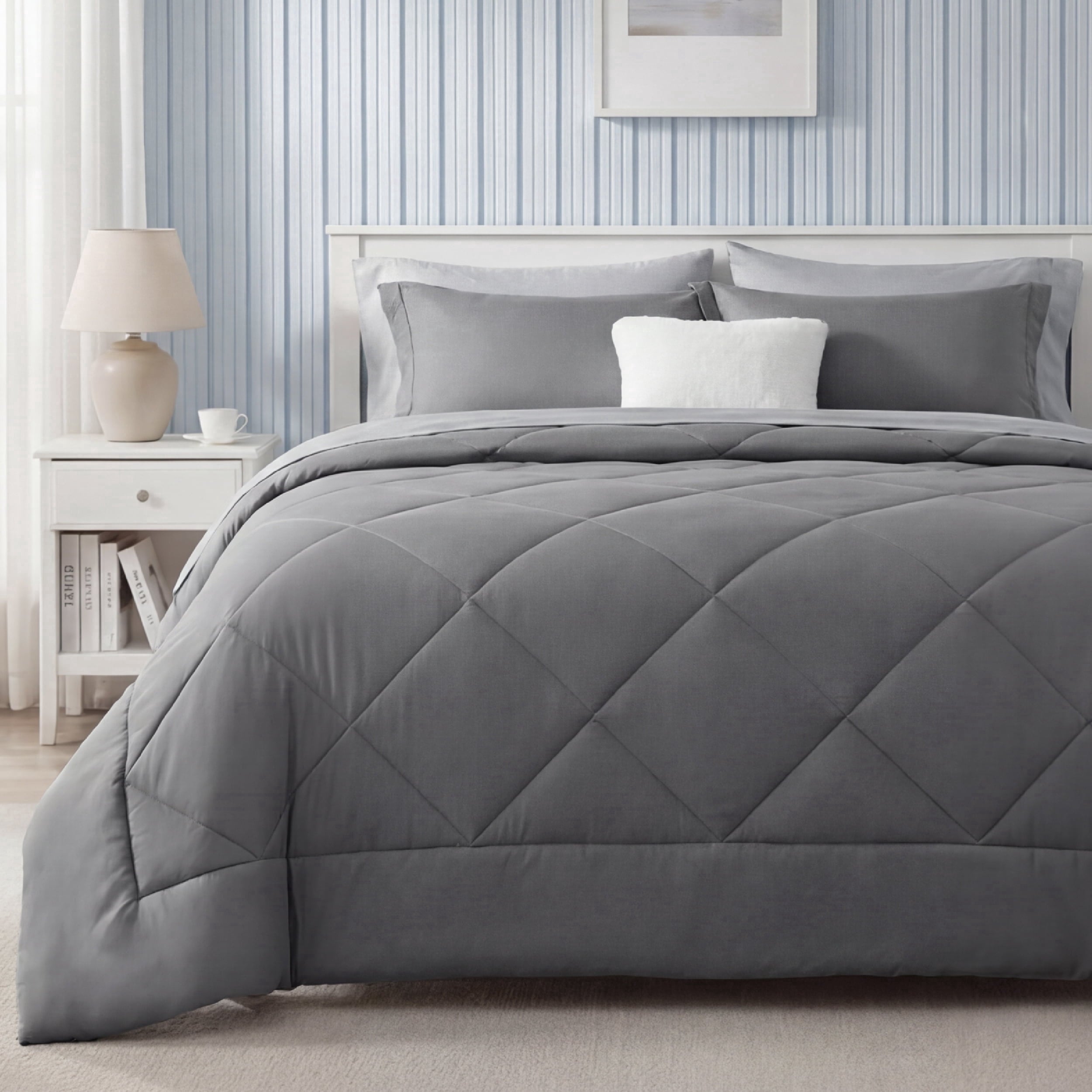 All-Season Queen Reversible Comforter Set - 7 Pieces Grey Bedding, Bed in a Bag with Alternative Comforter, Sheets, Pillowcases ... - Luxurious Quilted Duvet Cover Set - Default Title