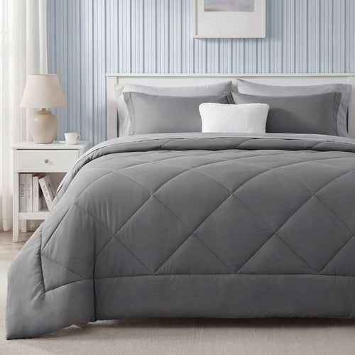 All-Season Queen Reversible Comforter Set - 7 Pieces Grey Bedding, Bed in a Bag with Alternative Comforter, Sheets, Pillowcases ... - Luxurious Quilted Duvet Cover Set - Default Title