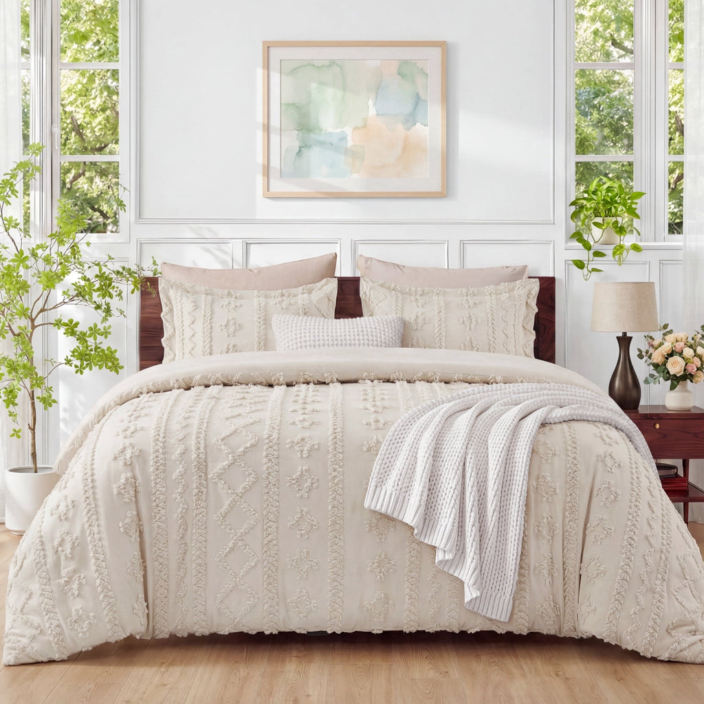 Fluffy Down Alternative Tufted Boho Comforter Set Queen, Beige, 3 Pieces Farmhouse Shabby Chic Embroidery Bedding Set, Soft Jacquard Comforte... - Cloud-Like Soft Lightweight Bed Comforter - Default Title