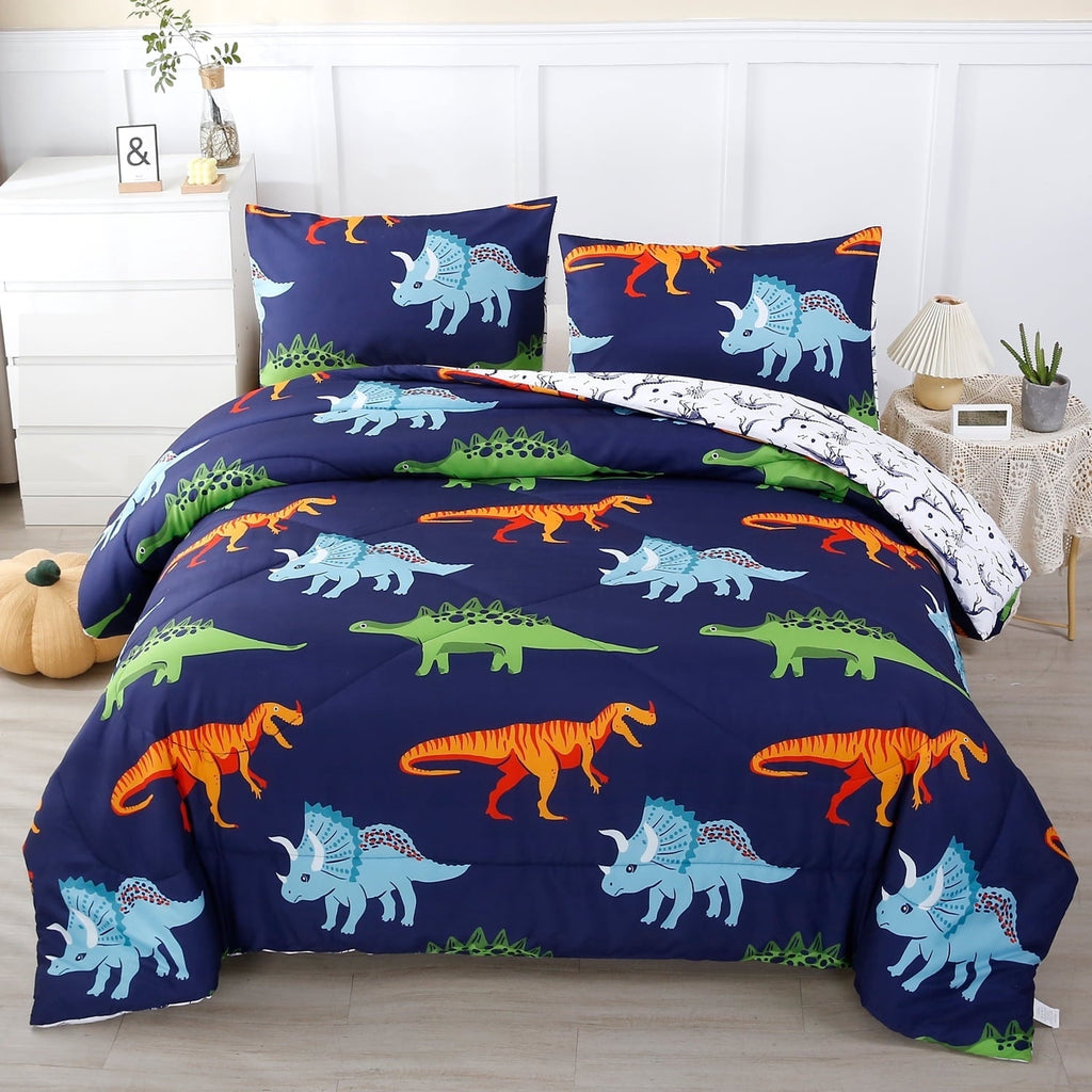 Fluffy Down Alternative 3 Pcs Dinosaur Twin Size Bedding Sets for Boys, Dinosaur Printing Boys Comforter Set, Blue and White Reversible Bed C... - Luxurious Quilted Duvet Cover Set - Default Title