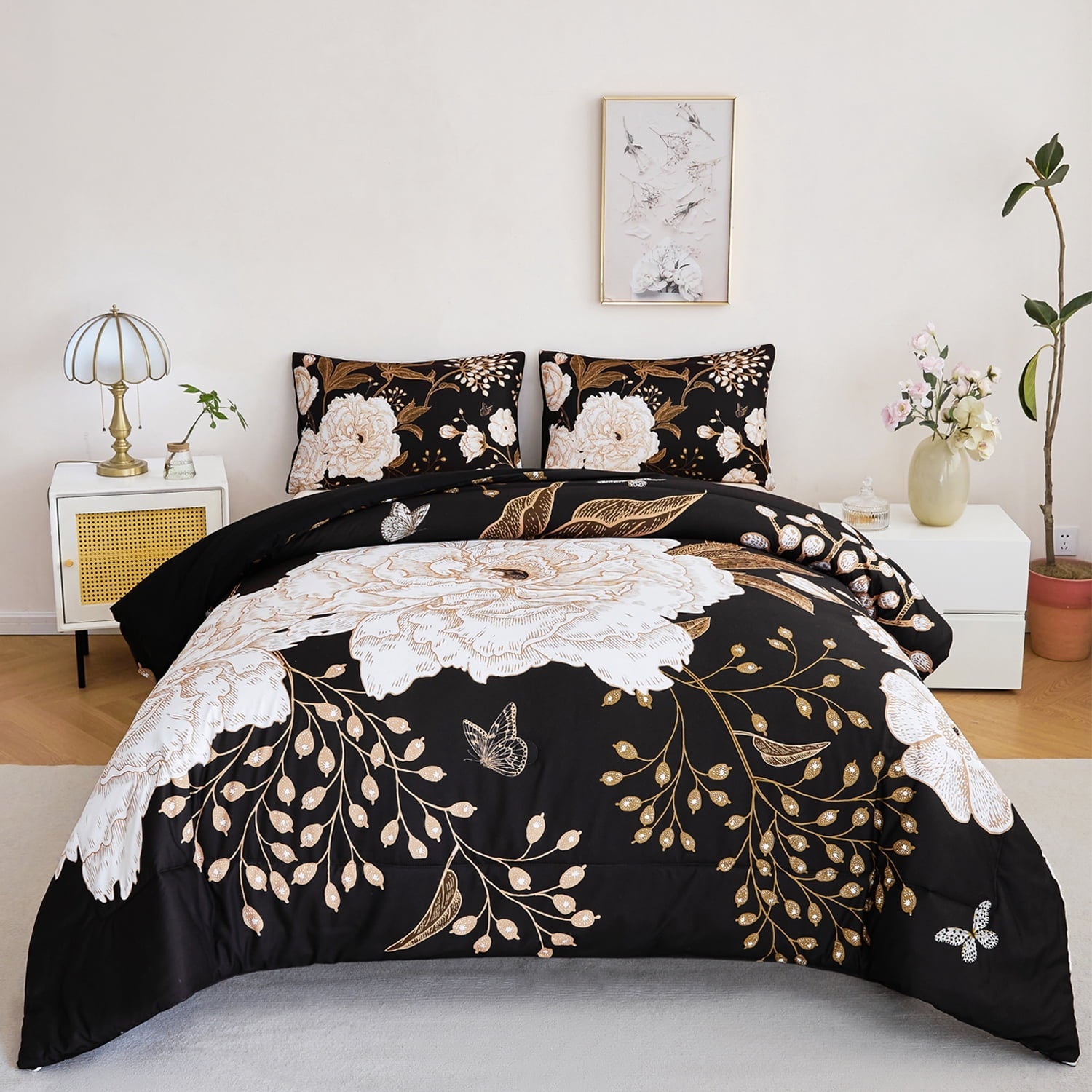 Luxurious Quilted Black Floral Comforter Set Queen, Printed Comforter White Flowers Butterfly Bedding Set, 3 Pieces Botanical Reversibl... - Hypoallergenic Ultra-Fluffy Quilt for Winter - Default Title