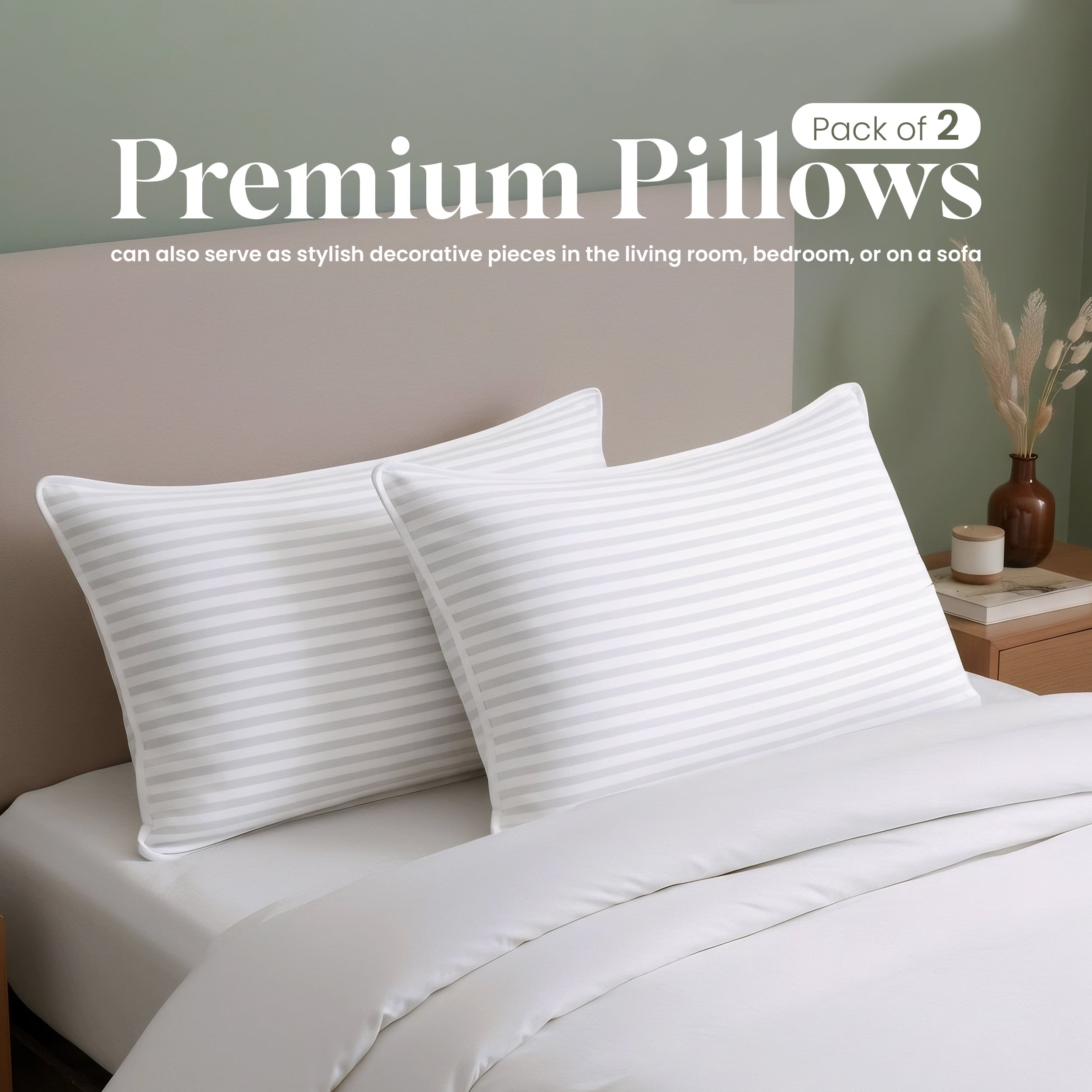 Orthopedic Support Bed Pillow with White Stripes - Set of 2 - Ultra Cozy & Relaxing For Adults, (Queen, 28"L x 20" W) - Hotel Quality Plush Sleeping Pillows - Default Title