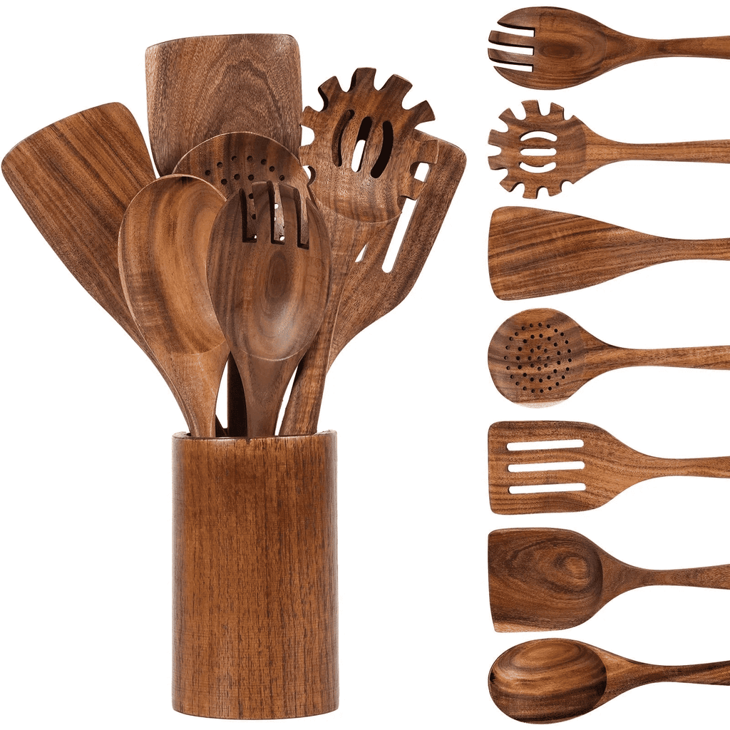 Premium Silicone Wooden Spoons for Cooking, 8 Pcs Natural Wooden Utensil for Cooking with Non-Stick, Heat Resistant, Wood... - Premium Stainless Steel Cooking Utensil for Non-Stick Pots - Default Title