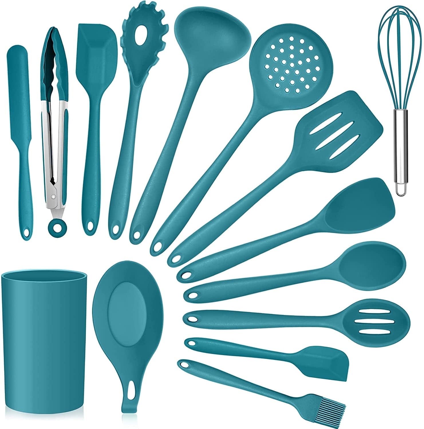 Heat-Resistant 15-Piece Kitchen Utensils Set, Silicone Cooking Utensils with Holder, Non-stick Cookware Friendly & Heat Resistant - ... - Durable Turner & Ladle Utensil Set for Home Chefs - Default Title