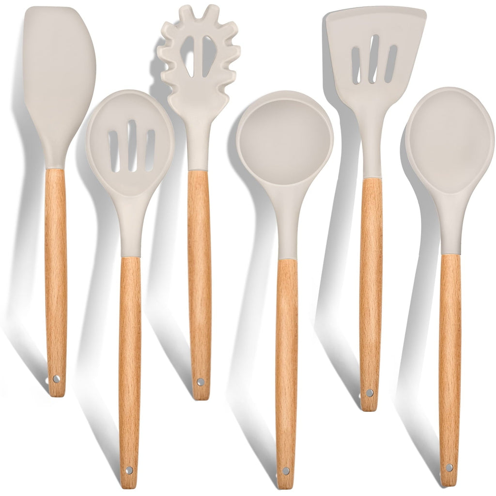 Heat-Resistant Kitchen Utensils Set of 6, Silicone Cooking Utensils with Wooden Handle, Non-Stick Cookware & Heat Resistant, Include... - Premium Stainless Steel Cooking Utensil for Non-Stick Pots - Default Title