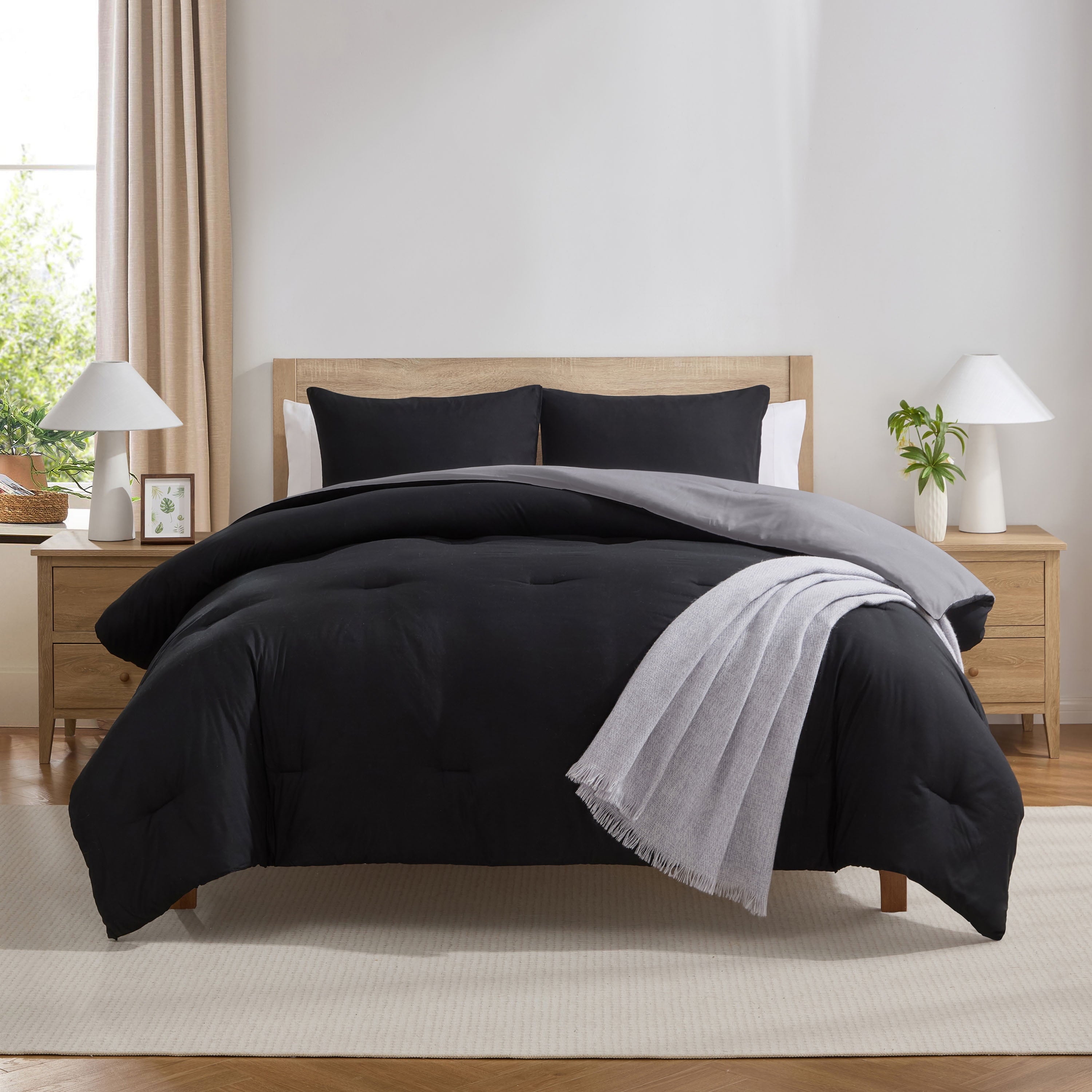 Fluffy Down Alternative Comforter Sets, All Season Lightweight Reversible Queen Comforter Set, 3-Pc Bedding Sets, Black/Charcoal gray - Hypoallergenic Ultra-Fluffy Quilt for Winter - Default Title