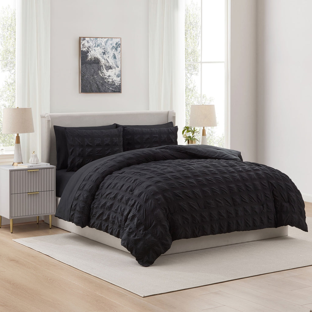 Hypoallergenic Cloud Queen Comforter Set, Seersucker Queen Size Comforter Set, 7-Pc All Season Bedding Comforter Set, Black - Hypoallergenic Ultra-Fluffy Quilt for Winter - Default Title