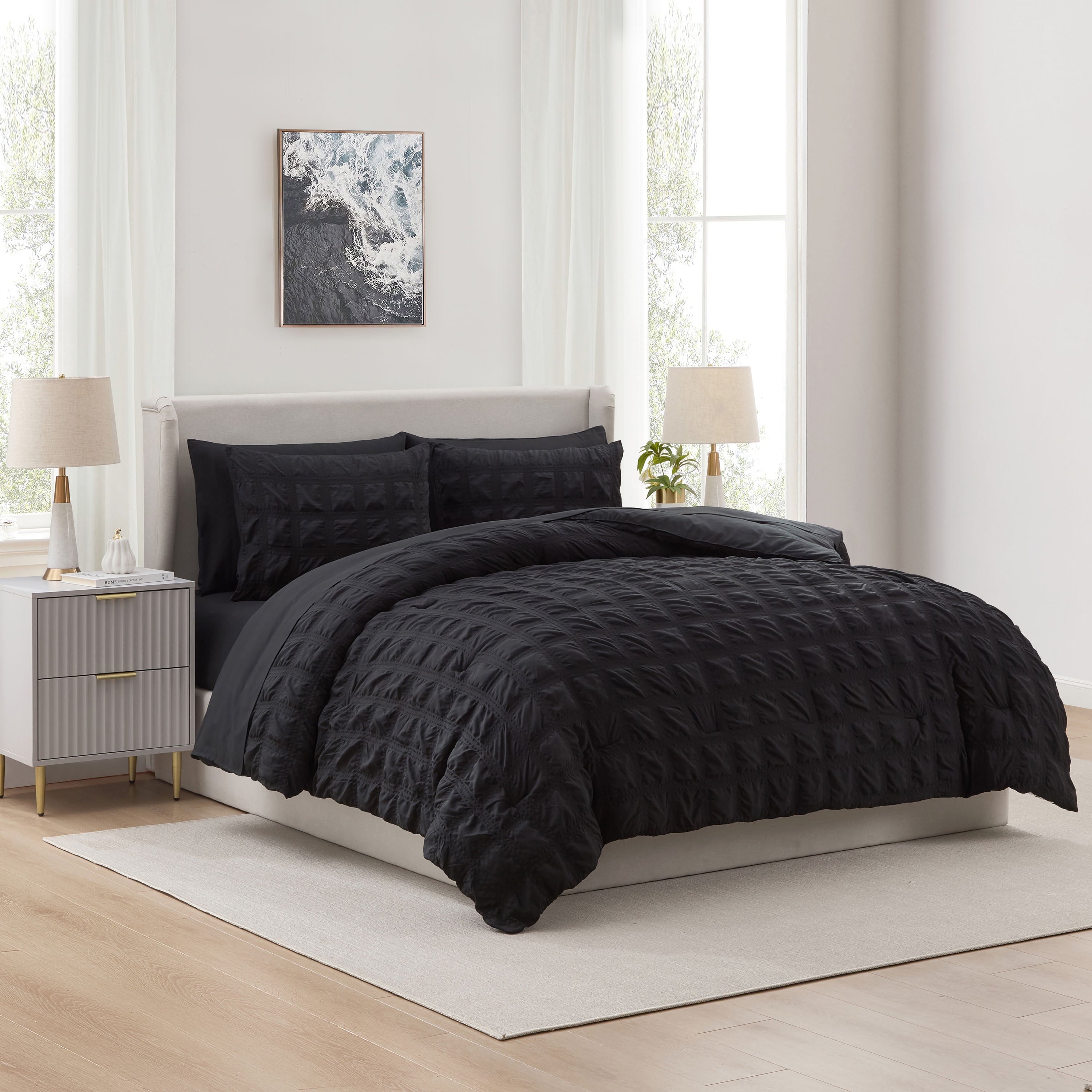 Hypoallergenic Cloud Queen Comforter Set, Seersucker Queen Size Comforter Set, 7-Pc All Season Bedding Comforter Set, Black - Hypoallergenic Ultra-Fluffy Quilt for Winter - Default Title