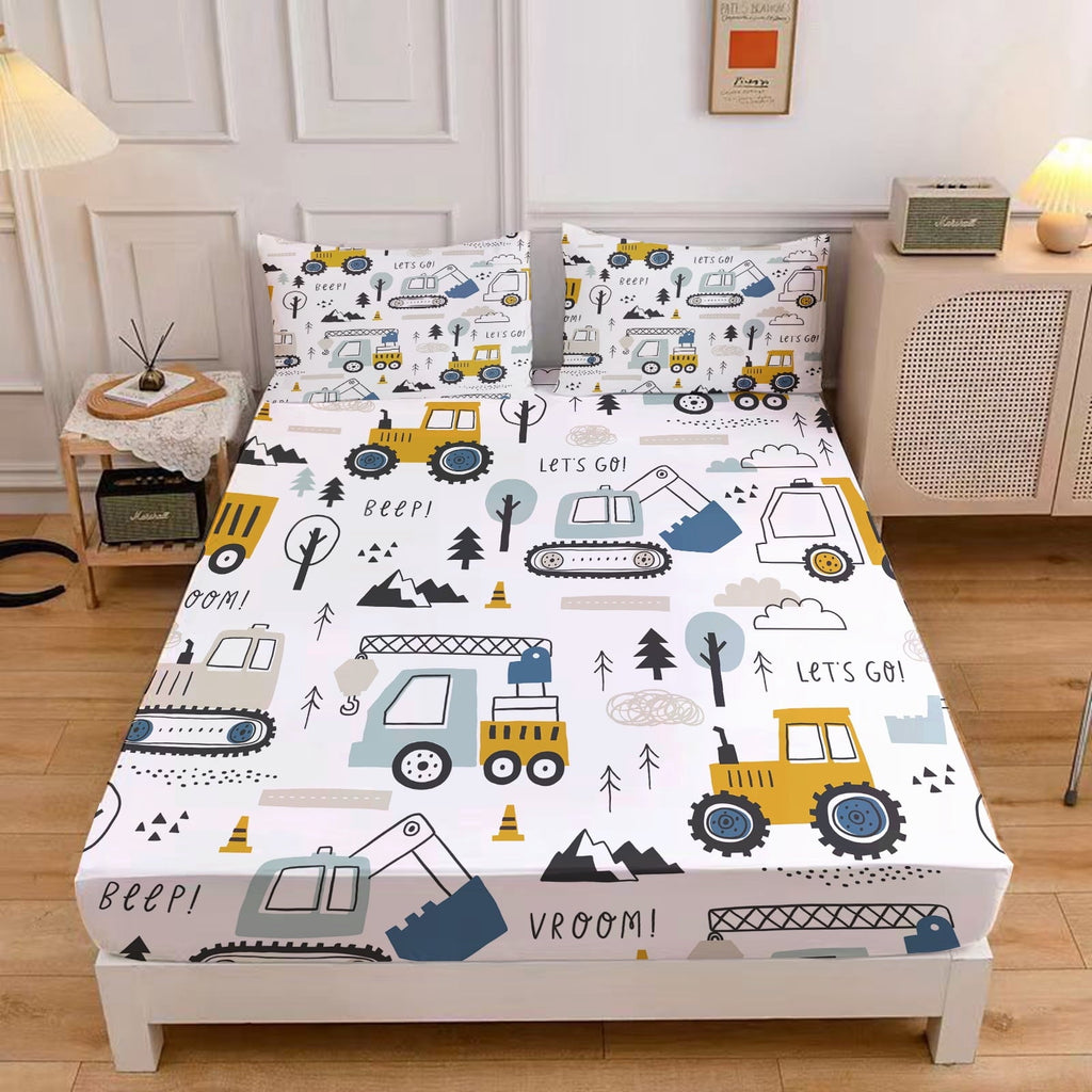 Cooling Sateen Cartoon Excavator Sheet Set for Kids Boys Truck Construction Bedding Set Engineering Vehicle Bed Sheet Sets with 1 Fi... - Luxury Bed Sheet Set with Deep Pockets - Default Title