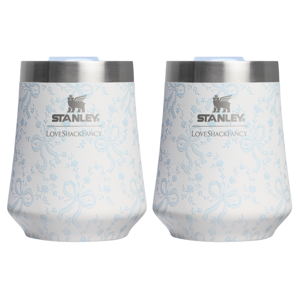 Vacuum Insulated Wine Stanley 1913 x LoveShackFancy Holiday The Reserve Wine Tumbler Set | 2-pack D205C - Premium Insulated Egg-Shaped Wine Glass for Outdoors - Coquette Bow Winter Ice