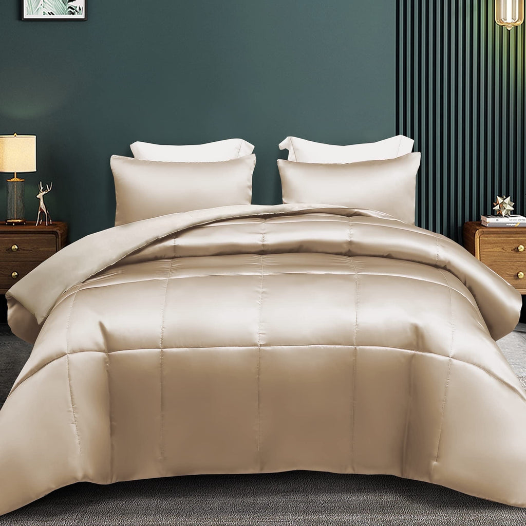 Fluffy Down Alternative 3-Piece Reversible Silky Soft King Size Comforter Bedding Set, Luxurious Satin Comforters with 2 Satin Pillowcases, L... - All-Season Down Alternative Comforter Insert - Default Title