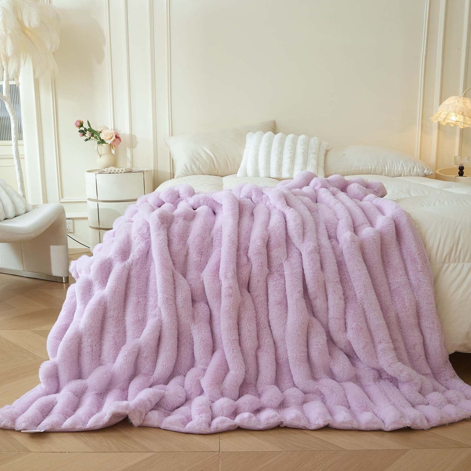 Cozy Fleece Fluffy Faux Rabbit Fur Throw, Cozy Wide Stripe Plush Fuzzy Blanket for Bed Couch Sofa Chair, Light Purple Shaggy Thro... - Cozy Fleece Throw Blanket for Couch & Bed - Default Title