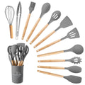 Non-Stick Safe Silicone Wooden Heat Resistant Kitchen Utensil Set, 12 pcs - Ergonomic Kitchen Tongs and Cooking Spoon Utensil - Default Title