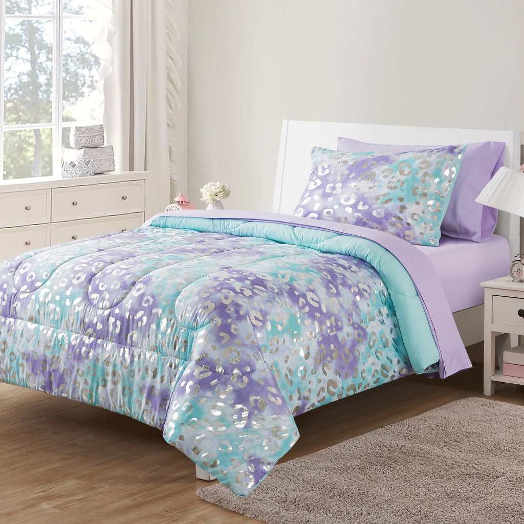 Heavyweight Warmth 5-Piece Purple Metallic Foil Cheetah Bedding Set for Kids with Storage Bag, Twin - Hypoallergenic Ultra-Fluffy Quilt for Winter - Default Title
